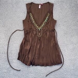 Dolled Up by FANG Y2K Beaded Top M Brown V-Neck Babydoll Peplum Boho Fairy Glam